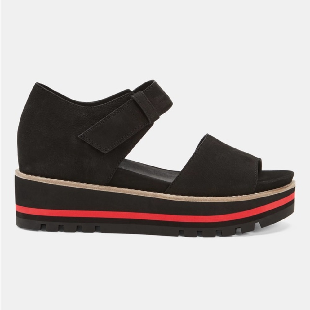 Eileen Fisher Black Suede Platform Sandal with Red Accent